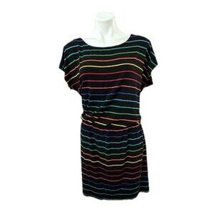 Elliott Lauren Size Large Women Black Rainbow Stripe Dress Vintage Summer *3H